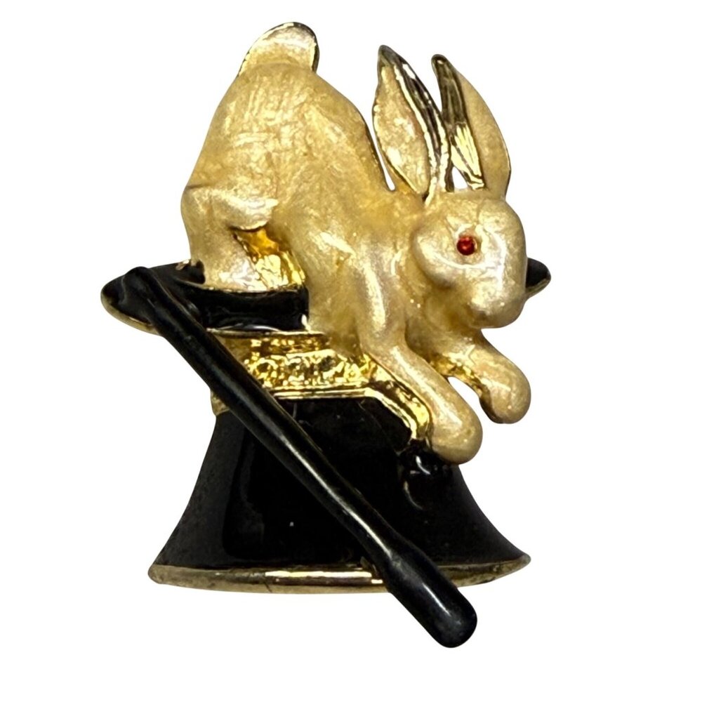 Rabbit Magic Hat Gold-Tone Enamel Brooch Pin Red Eye Accent Vintage Jewelry